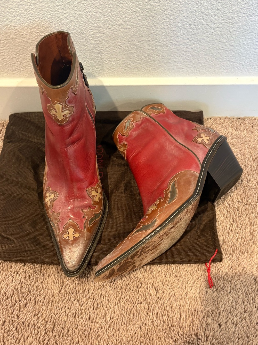 Donald J Pliner Western Couture Red Brown Leather Fleur de Lis Boots 11M - Picture 2 of 6